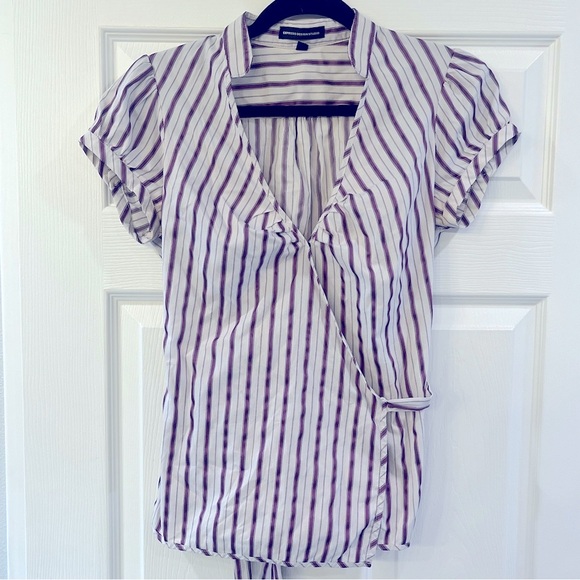 Express Studio purple striped cap sleeve wrap blouse M - Picture 6 of 11